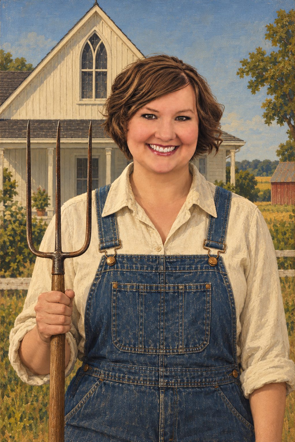 Kari as an American Gothic farmer with a pitchfork