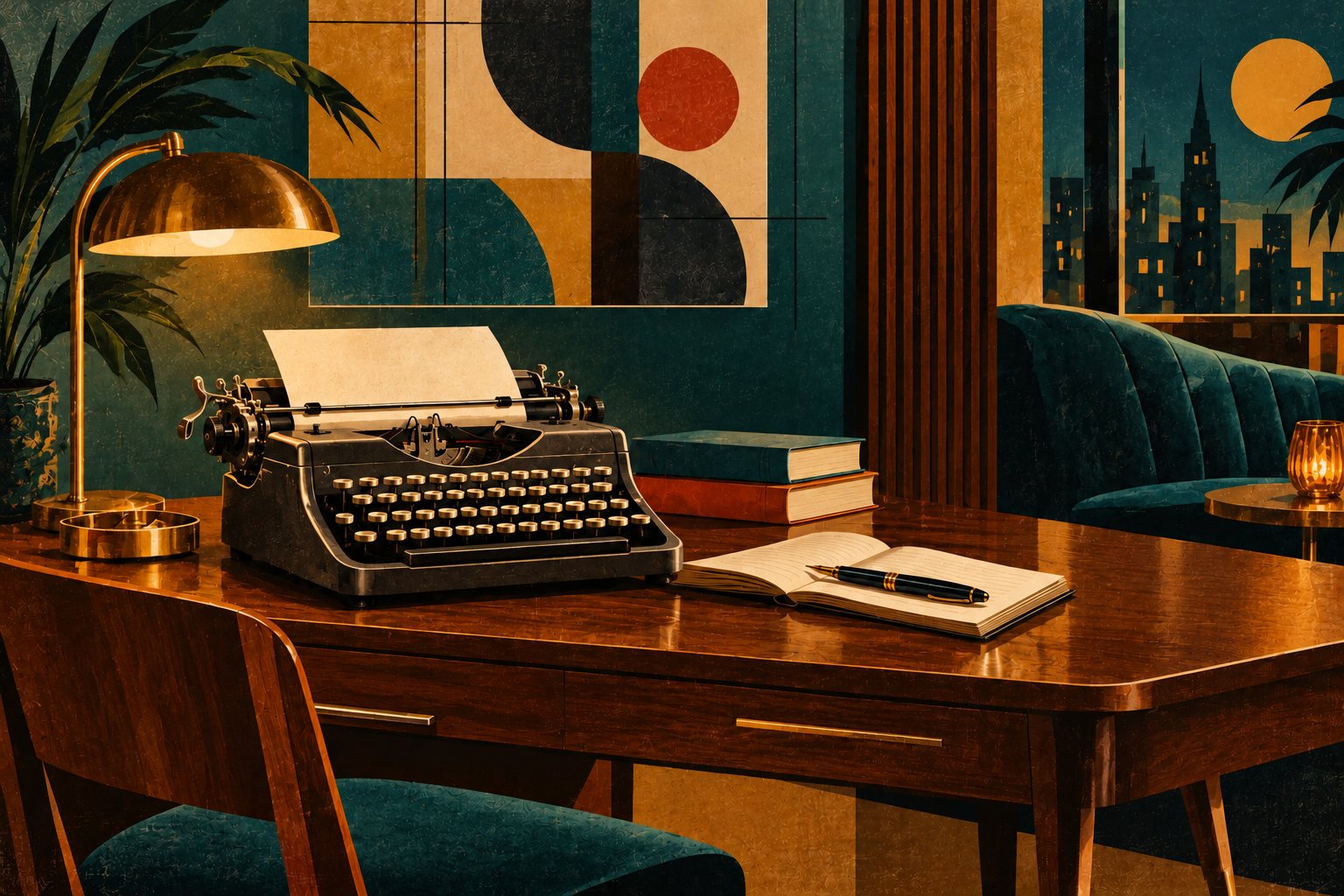 Midcentury modern writing desk with a typewriter and an open notebook