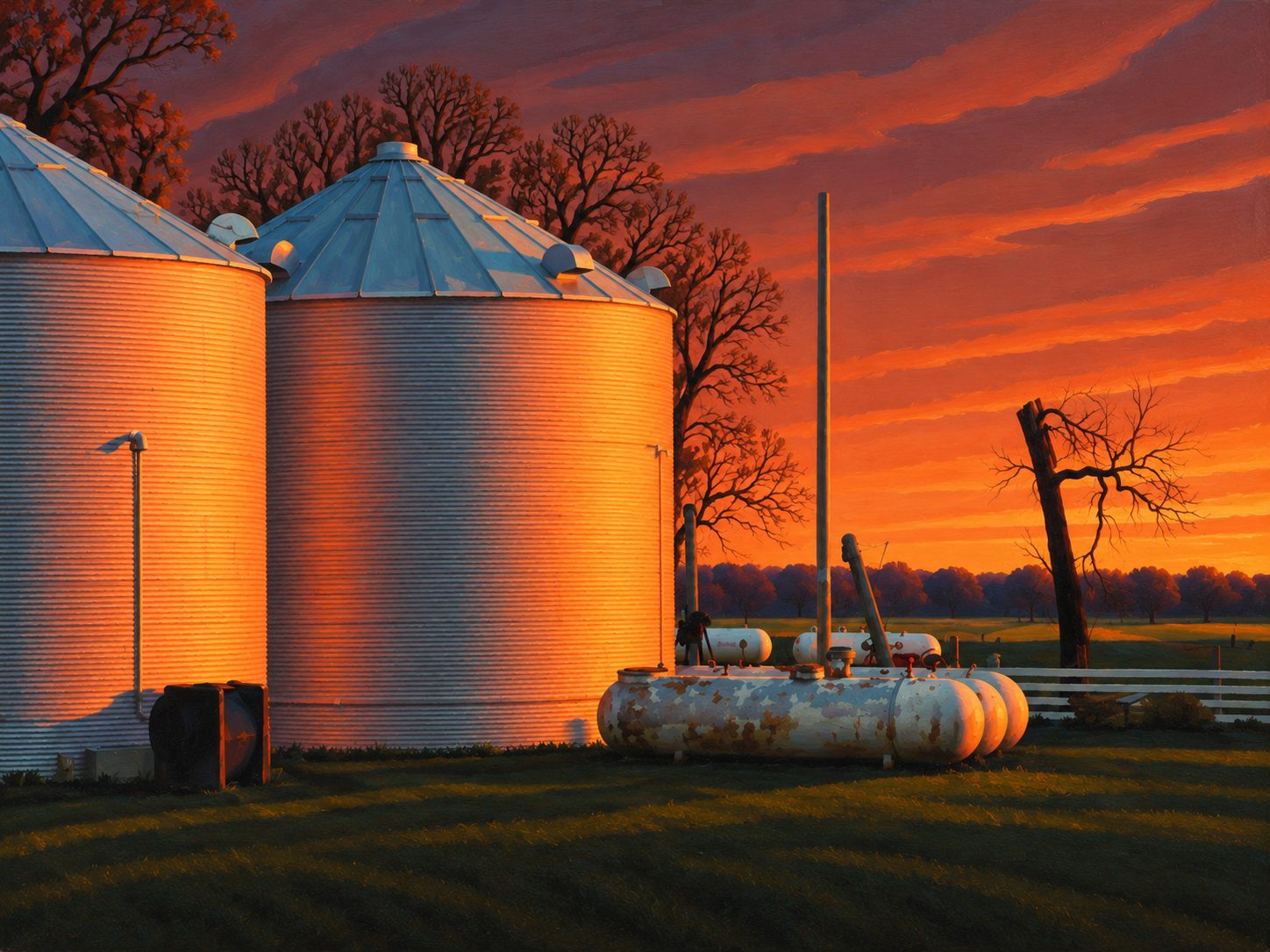 Grain bins and propane tanks at sunset on a central Illinois farm