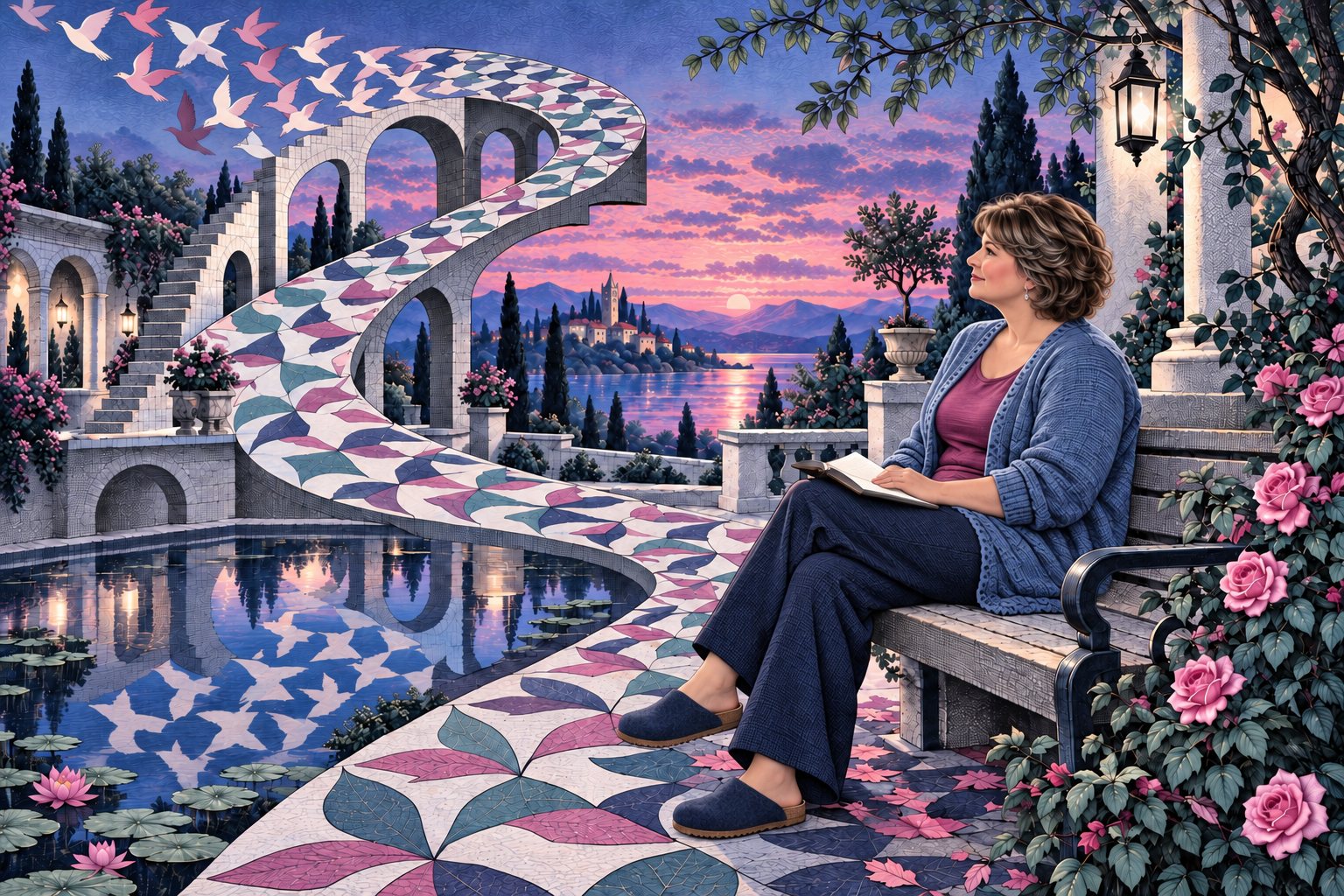 Kari reading on a garden bench at dusk beside an Escher-like staircase
