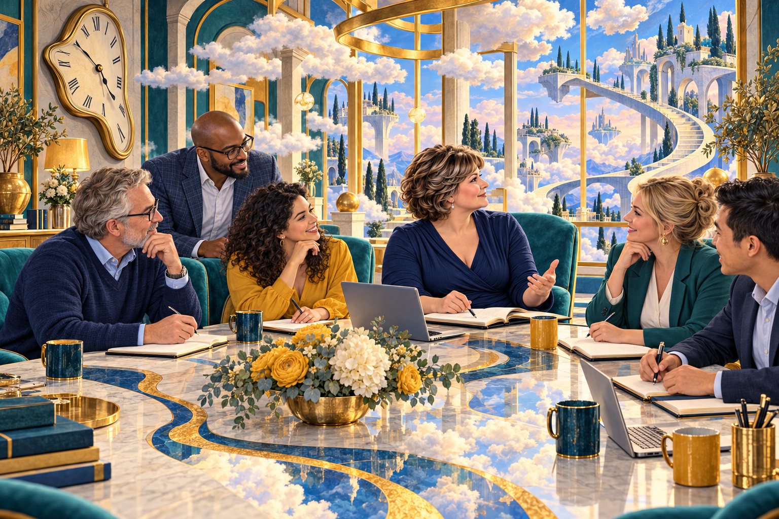 Kari leading a working session around a marble table in a surrealist room with a melting clock and floating staircases